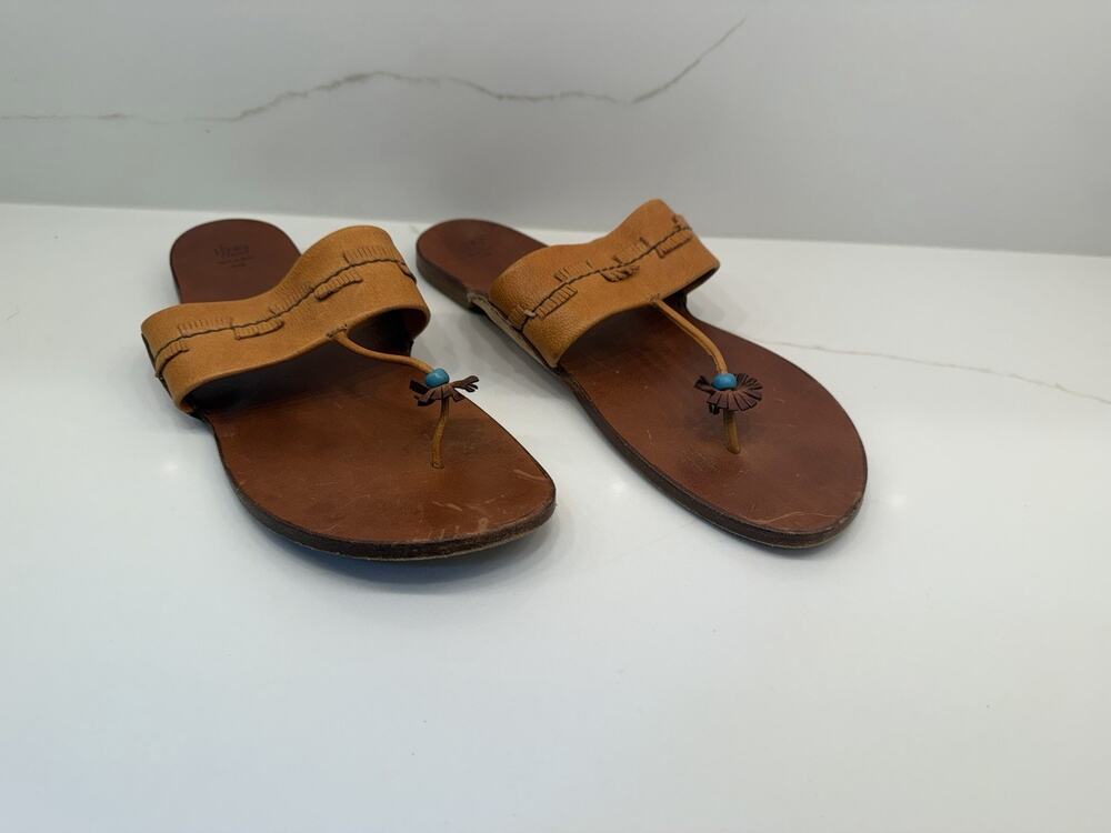 Henry Cuir Handmade Italian Leather Thong Sandals 41 Tan Fringe Bead Boho Wide